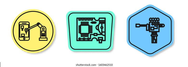 Set line Industrial machine robotic robot arm hand, Printed circuit board PCB and Mechanical robot hand and screwdriver. Colored shapes. Vector