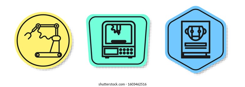 Set line Industrial machine robotic robot arm hand factory, 3D printer and User manual. Colored shapes. Vector