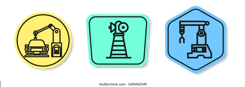 Set line Industrial machine robotic robot arm hand, Antenna and Assembly line. Colored shapes. Vector