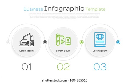 Set line Industrial machine robotic robot arm hand, Digital door lock with wireless technology for unlock and User manual. Business infographic template. Vector