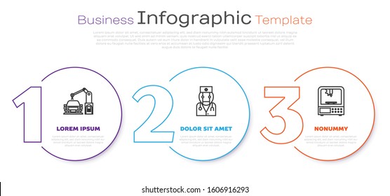Set line Industrial machine robotic robot arm hand, Robot doctor and 3D printer. Business infographic template. Vector