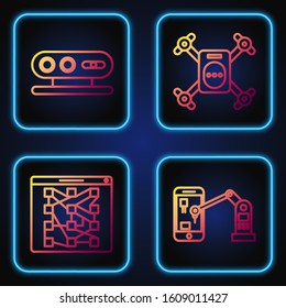Set line Industrial machine robotic robot arm hand, Global technology or social network, 3d scanning system and Drone flying with action camera. Gradient color icons. Vector