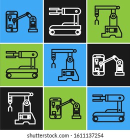 Set line Industrial machine robotic robot arm hand, Assembly line and Robot icon. Vector