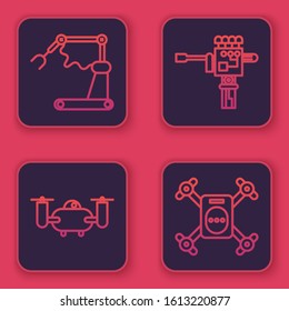 Set line Industrial machine robotic robot arm hand factory, Drone flying with action camera, Mechanical robot hand and screwdriver and Drone flying with action camera. Blue square button. Vector