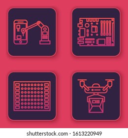 Set line Industrial machine robotic robot arm hand, Printed circuit board PCB, Electronic computer components motherboard digital chip and Drone delivery concept. Blue square button. Vector