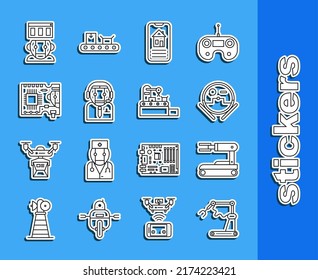 Set Line Industrial Machine Robotic Robot Arm Hand Factory, Robot, Vacuum Cleaner, Smart Home, Worker, Printed Circuit Board PCB,  And Factory Conveyor System Belt Icon. Vector