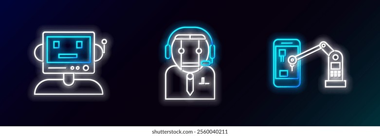 Set line Industrial machine robotic robot arm hand, Robot and Worker icon. Glowing neon. Vector