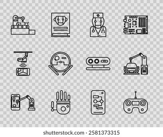 Set line Industrial machine robotic robot arm hand, Remote control, Robot doctor, Mechanical, Factory conveyor system belt, vacuum cleaner, Algorithm and  icon. Vector