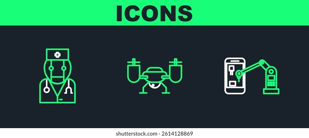 Set line Industrial machine robotic robot arm hand, Robot doctor and Drone flying with action camera icon. Vector