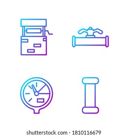 Fijar la tubería de la industria, el tubo metálico, el medidor de agua, el tubo y la válvula de la industria. Iconos de color de degradado. Vector