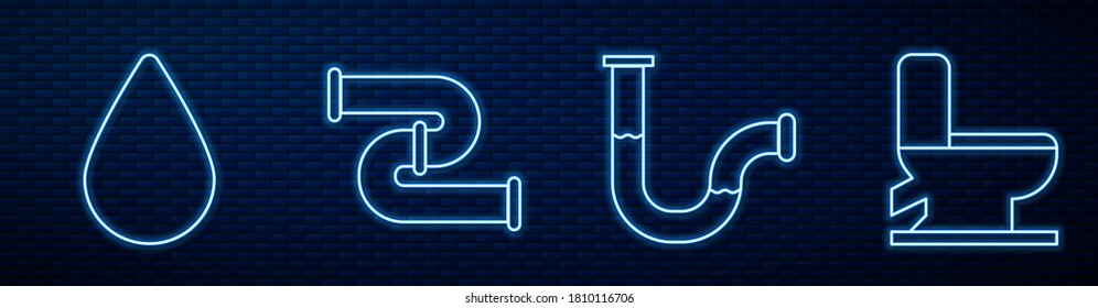Set line Industry metallic pipe, Water drop, Industry metallic pipe and Toilet bowl. Glowing neon icon on brick wall. Vector