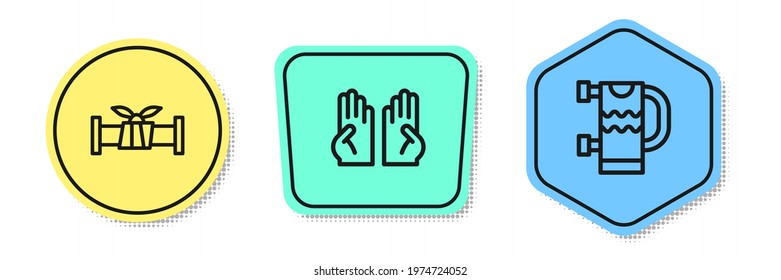 Set line Industry metallic pipe, Rubber gloves and Heated towel rail. Colored shapes. Vector
