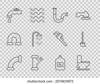 Set line Industry metallic pipe, Toilet bowl, Water tap, Shower, Big bottle with clean water and Mop icon. Vector