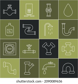 Set-line Industrie Metallrohr, Wasserzähler, Big Flasche mit sauberem Wasser, Ventil und Dusche Symbol. Vektorgrafik