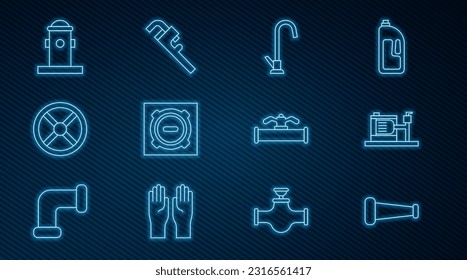 Set line Industry metallic pipe, Electric water pump, Water tap, Manhole sewer cover, valve, Fire hydrant, and and Pipe adjustable wrench icon. Vector