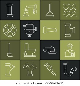 Set line Industry metallic pipe, Plumber, Rubber plunger, Electric boiler for heating water, valve,  and  icon. Vector