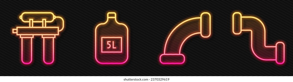 Línea Industria de tubería metálica, filtro de agua, botella grande con agua limpia y tubería metálica de la industria. Icono de neón brillante. Vector