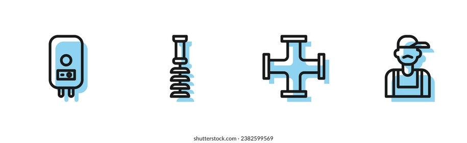 Set line Industry metallic pipe, Electric boiler, Toilet brush and Plumber icon. Vector