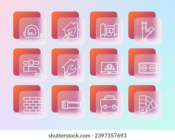 Set line Industry metallic pipe, Hand saw, Worker safety helmet, Toolbox, House with wrench spanner, plan, Roulette construction and trowel icon. Vector