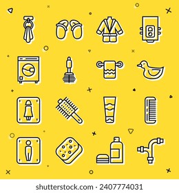 Set line Industry metallic pipe, Hairbrush, Rubber duck, Bathrobe, Toilet, Washer, Towel on hanger and  icon. Vector