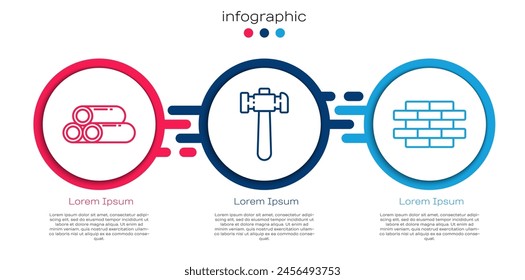 Set line Industry metallic pipe, Hammer and Bricks. Business infographic template. Vector