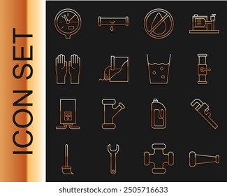 Set line Industry metallic pipe, Pipe adjustable wrench, and valve, Water drop forbidden, Wastewater, Rubber gloves, meter and Glass with icon. Vector