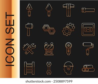 Set line Industry metallic pipe, Paint roller brush, Electrical outlet, T-square line, Hexagonal nut, Wooden axe, Trowel and Gear icon. Vector