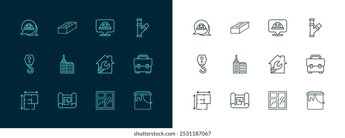 Tubo metálico de la industria, Plan de la casa, con la llave inglesa, ventana en sitio, paisaje de la ciudad, casco de seguridad del trabajador, e icono del ladrillo. Vector