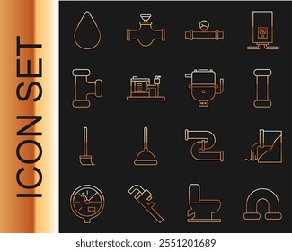 Set line Tubulação metálica da indústria, esgoto e manômetro, bomba elétrica, gota de água e caldeira para ícone de aquecimento. Vetor