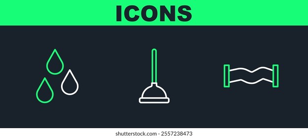 Set line Industry metallic pipe, Water drop and Rubber plunger icon. Vector