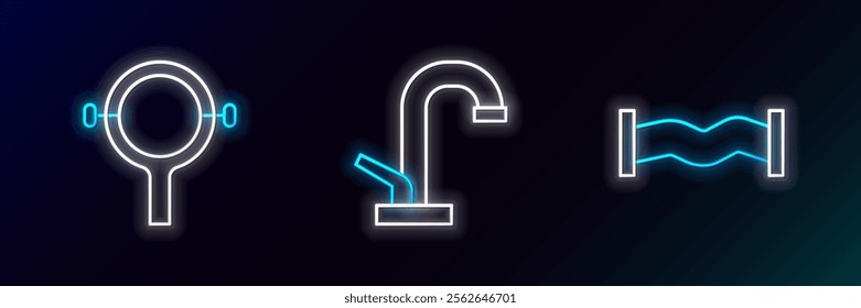 Set line Industry metallic pipe, Filter wrench and Water tap icon. Glowing neon. Vector