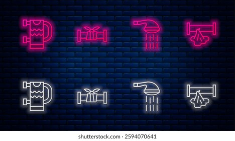 Set line Industry metallic pipe, Shower, Heated towel rail and Broken. Glowing neon icon on brick wall. Vector
