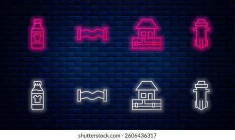 Set line Industry metallic pipe, Water supply pipes, Bottle for cleaning agent and filter. Glowing neon icon on brick wall. Vector