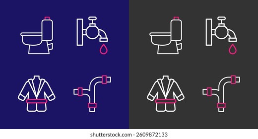 Set line Industry metallic pipe, Bathrobe, Water tap and Toilet bowl icon. Vector