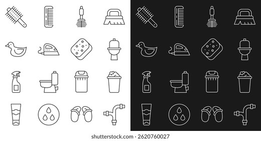 Set line Industry metallic pipe, Bucket with soap suds, Toilet bowl, brush, Electric iron, Rubber duck, Hairbrush and Sponge icon. Vector