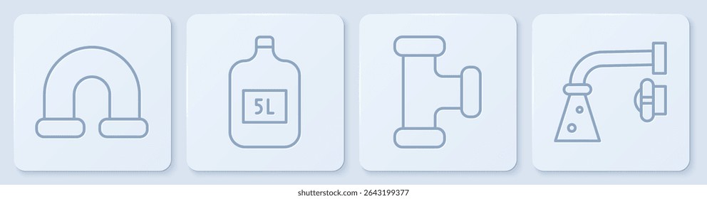 Set line Industry metallic pipe, Industry metallic pipe, Big bottle with clean water and Water tap. White square button. Vector