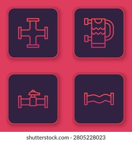 Set line Industry metallic pipe, and valve, Heated towel rail and . Blue square button. Vector