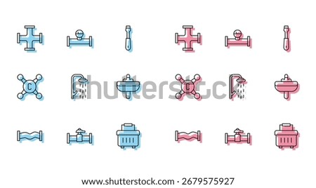 Set line Industry metallic pipe, and valve, Toolbox, Shower, Washbasin, Water tap and manometer icon. Vector