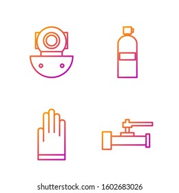 Set line Industry metallic pipes and valve, Gloves, Aqualung and Aqualung. Gradient color icons. Vector
