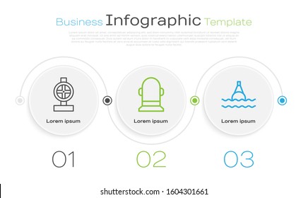 Set line Industry metallic pipes and valve, Buoy and Floating buoy on the sea. Business infographic template. Vector