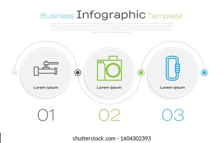 Set line Industry metallic pipes and valve, Photo camera for diver and Carabiner. Business infographic template. Vector