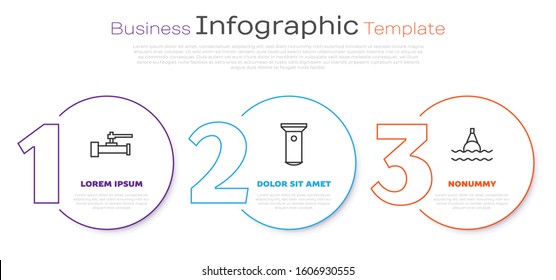Set line Industry metallic pipes and valve, Flashlight and Floating buoy on the sea. Business infographic template. Vector