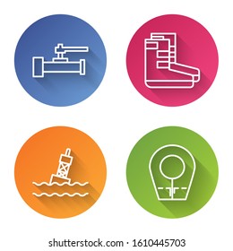 Set line Industry metallic pipes and valve, Boots, Floating buoy on the sea and Diving hood. Color circle button. Vector