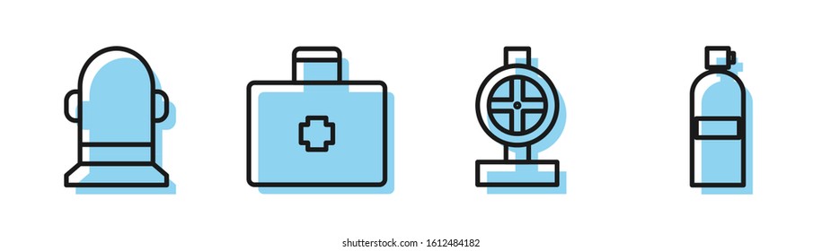 Set line Industry metallic pipes and valve, Buoy, First aid kit and Aqualung icon. Vector