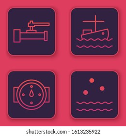 Set line Industry metallic pipes and valve, Wind rose, Fishing boat on water and Cold and waves. Blue square button. Vector