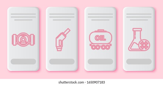 Set line Industry metallic pipes and valve, Gasoline pump nozzle, Oil railway cistern and Antifreeze test tube. White rectangle button. Vector