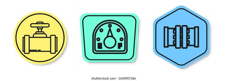 Línea de montaje Pipas metálicas y válvulas de la industria, Gálibo de gas de motor y tubos metálicos de la industria y válvula. Formas coloreadas. Vector