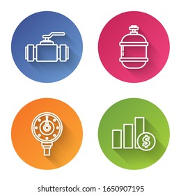 Set line Industry metallic pipes and valve, Propane gas tank, Motor gas gauge and Pie chart infographic and dollar. Color circle button. Vector