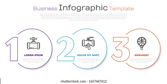 Set Line Industry Metallic Pipes And Valve, Broken Metal Pipe With Leaking Water And Motor Gas Gauge. Business Infographic Template. Vector