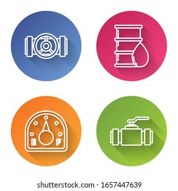 Set line Industry metallic pipes and valve, Barrel oil, Motor gas gauge and Industry metallic pipes and valve. Color circle button. Vector